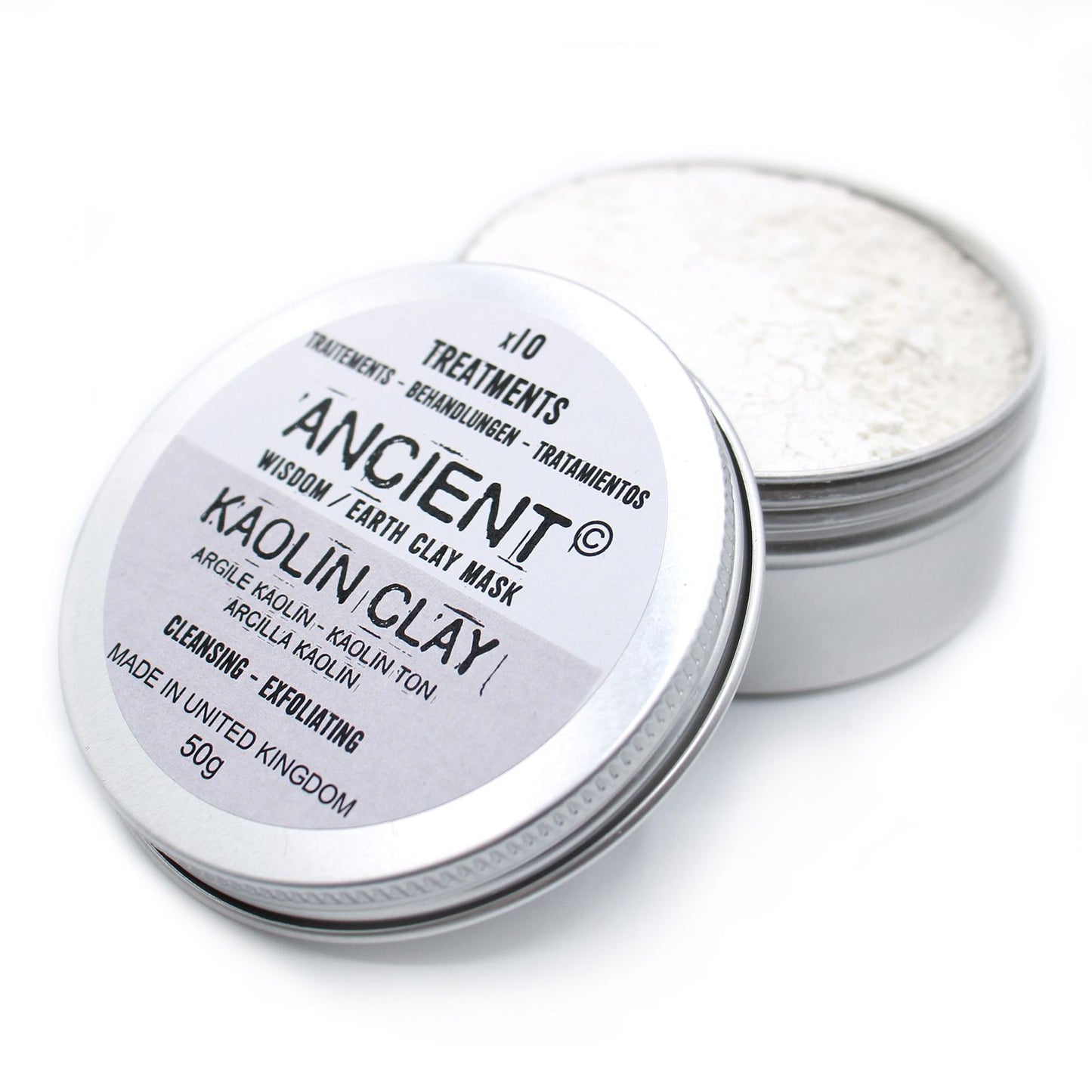 Tin of Ancient Clay kaolin clay mask on a white background
