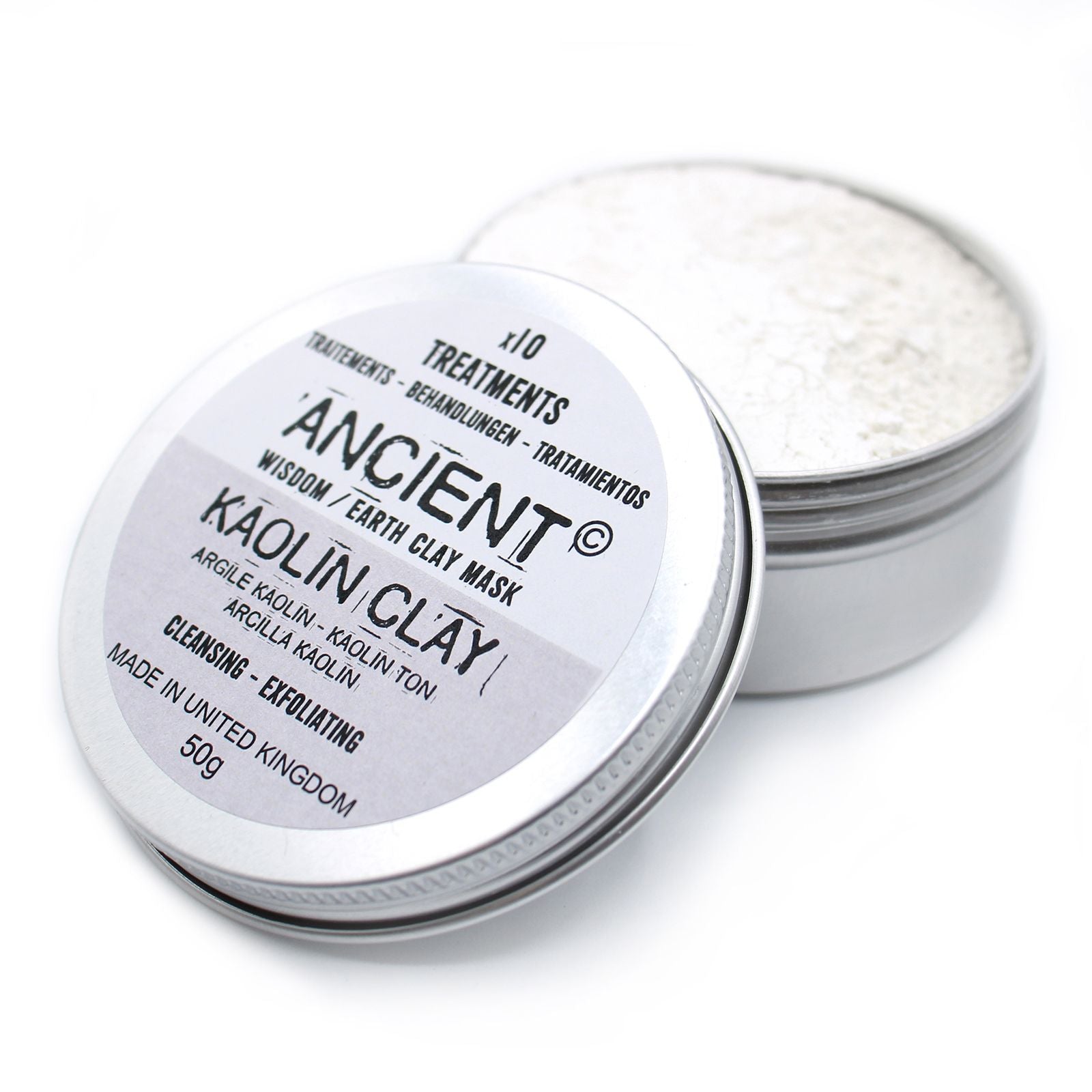 Tin of Ancient Clay kaolin clay mask on a white background