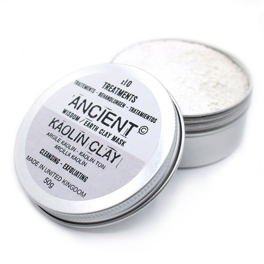 Tin of Ancient Clay kaolin clay mask on a white background