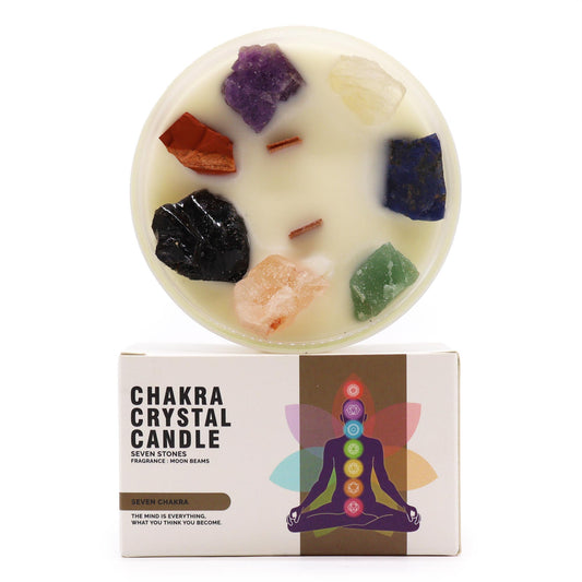 Seven Charkra with this enchanting soy wax crystal candle. Adorned with seven different gemstones, each representing one of the seven chakras, promoting balance and harmony throughout the body.