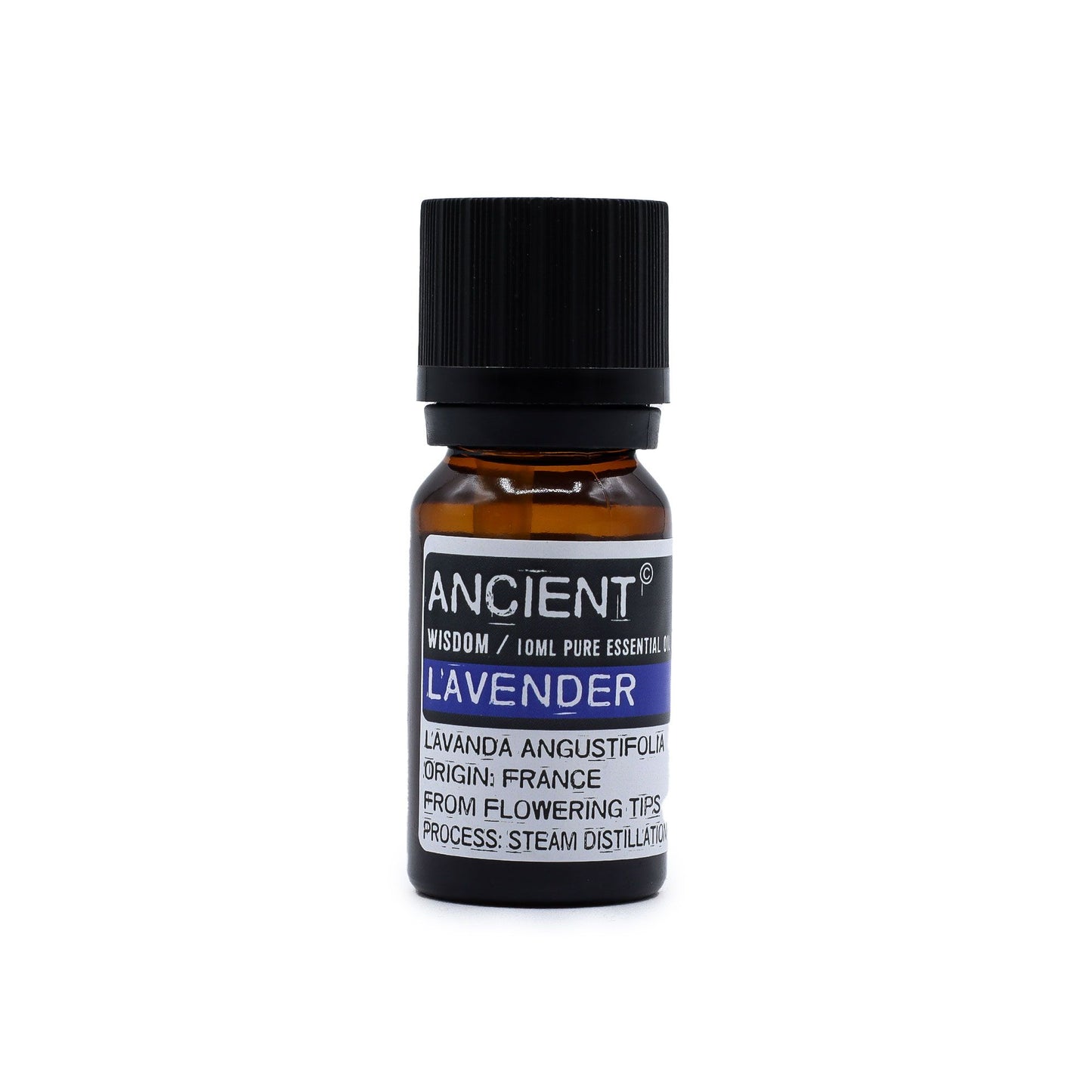 Bottle of lavender essential oil with a black cap on a white background