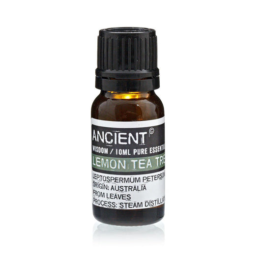 Bottle of Lemon Tea Tree essential oil with a black cap on a white background