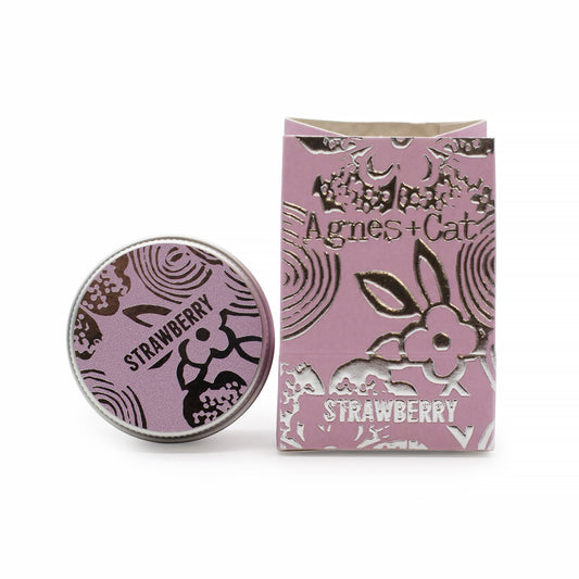 Pink and black 'Agnes + Cat' product with 'Strawberry' text on a white background