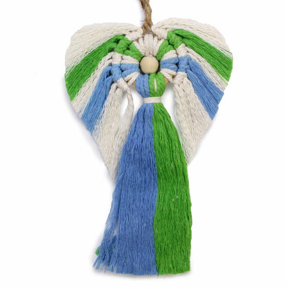 Decorative heart-shaped ornament with blue, green, and white tassels on a white background