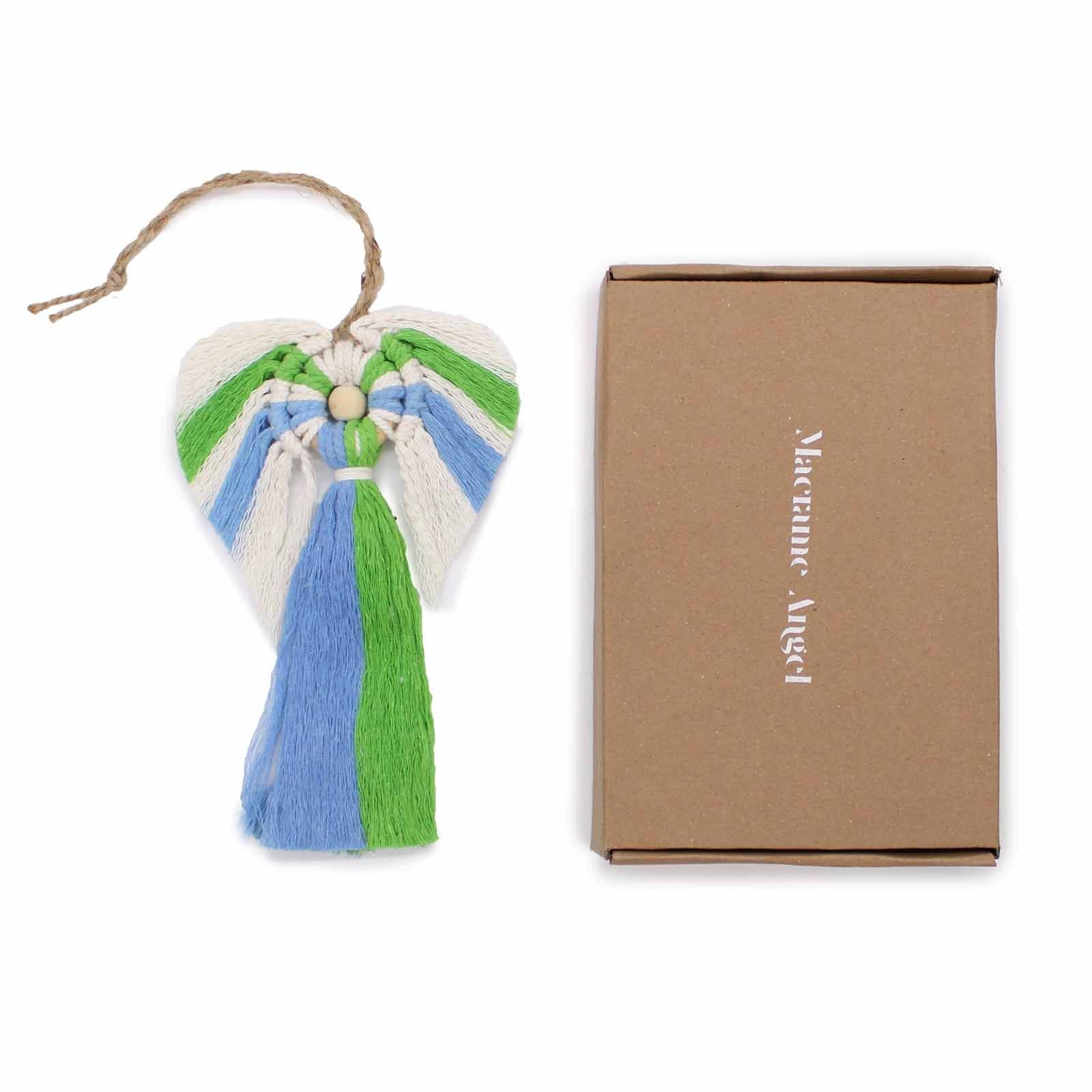 Decorative heart-shaped ornament with colorful tassels next to a branded box on a white background