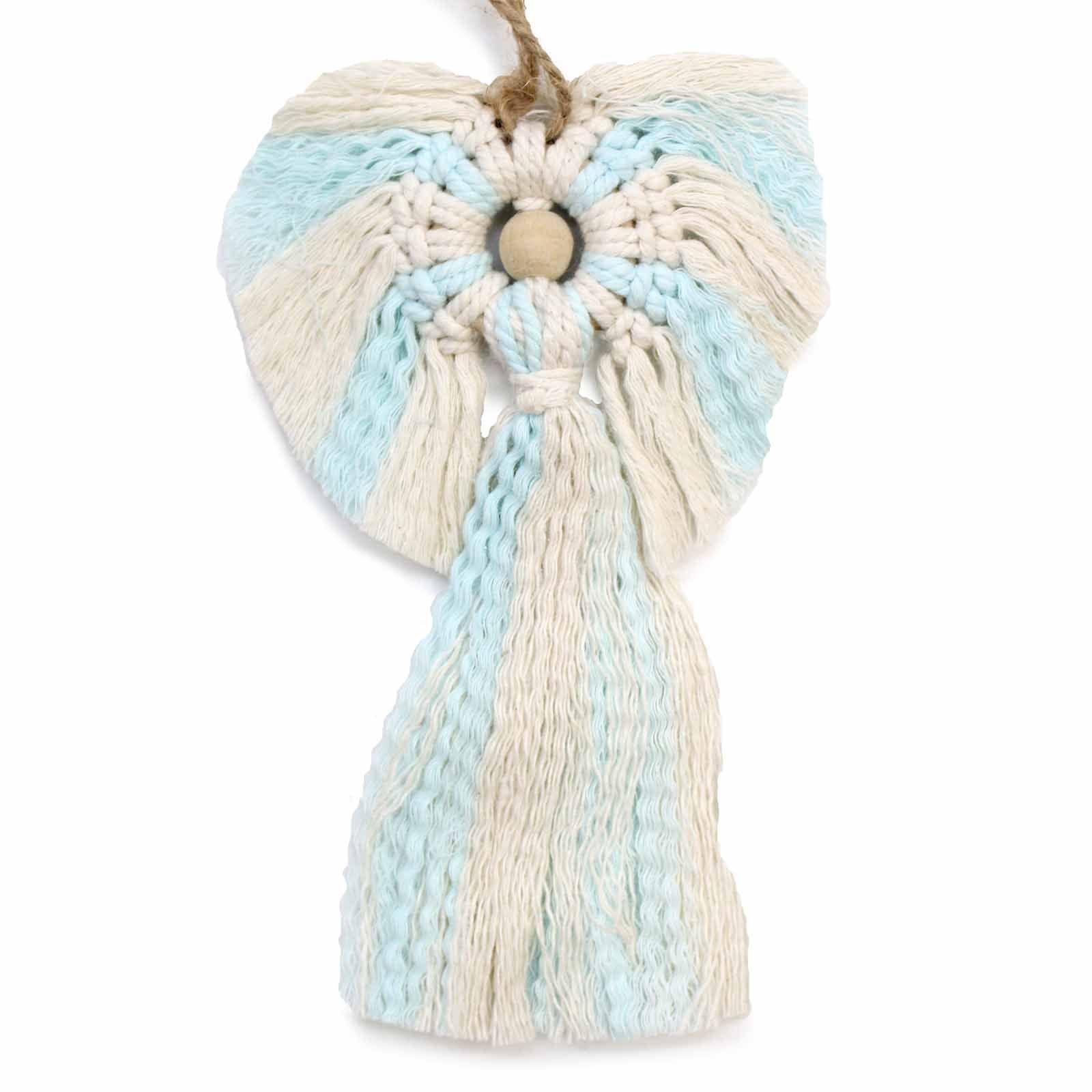 Macrame wall hanging with blue and beige colors on a white background