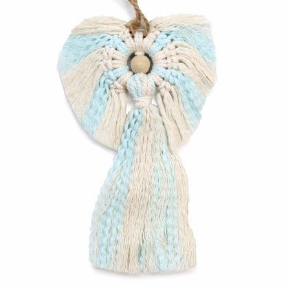 Macrame wall hanging with blue and beige colors on a white background