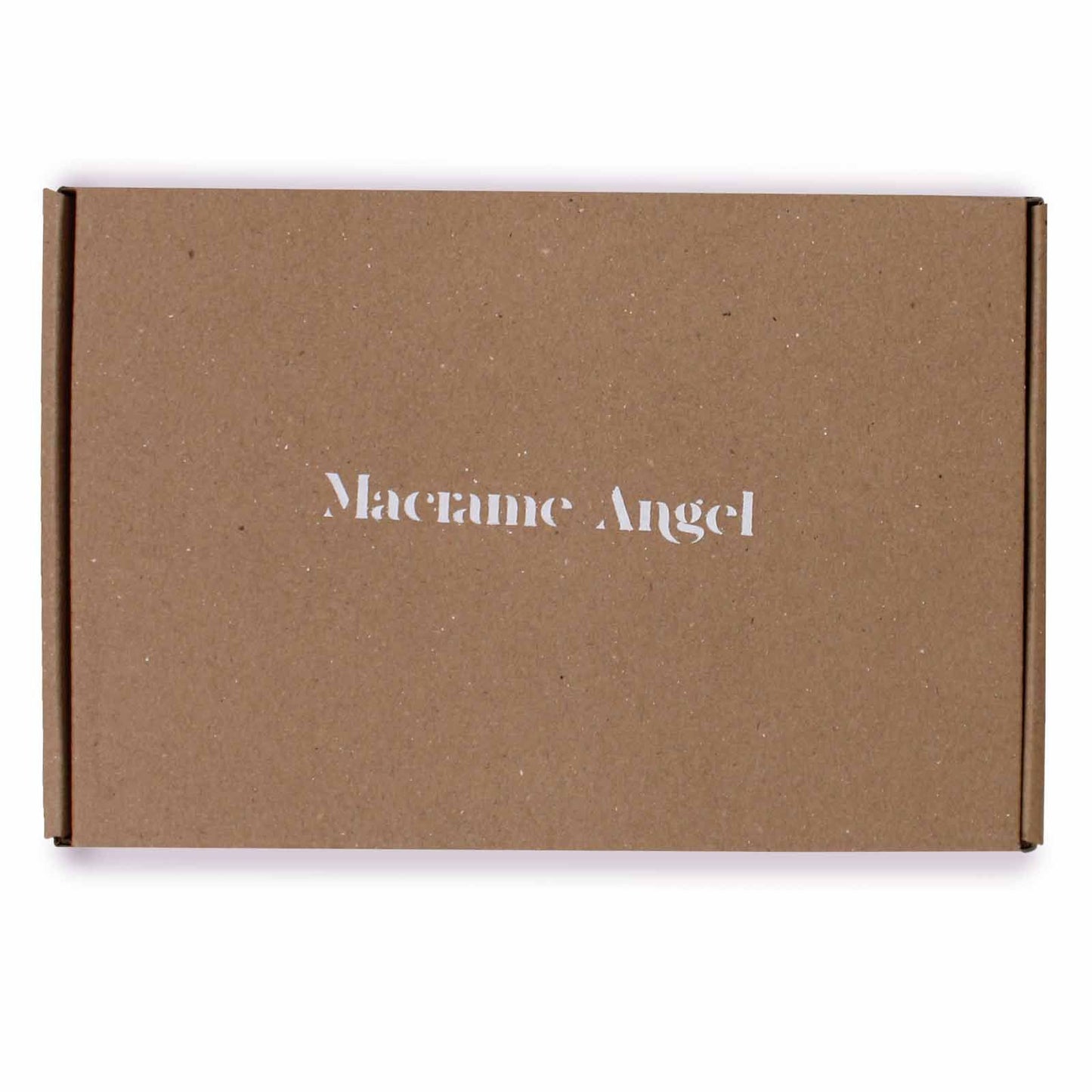 Brown cardboard box with 'Macrame Angel' branding on a white background