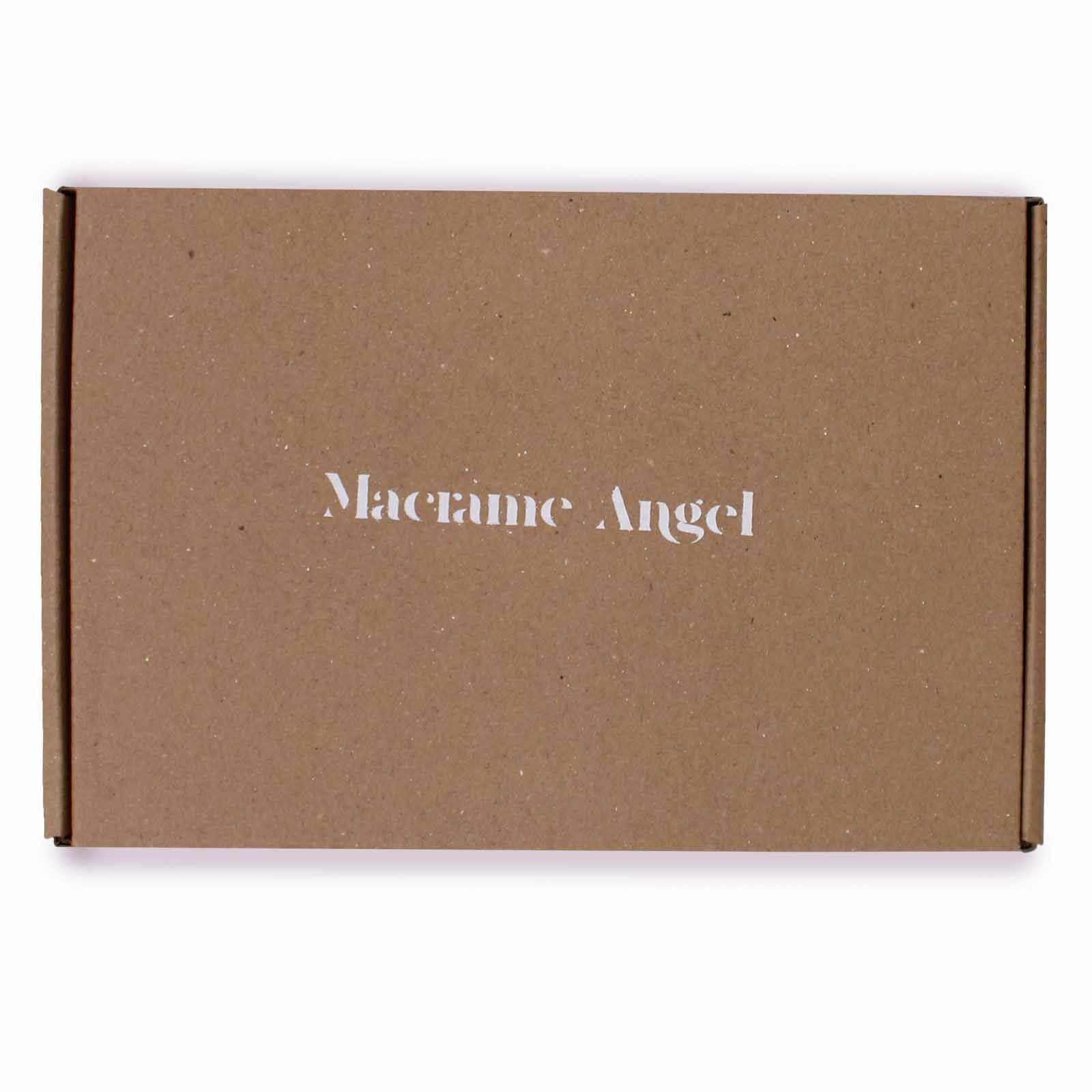 Brown cardboard box with 'Macrame Angel' branding on a white background