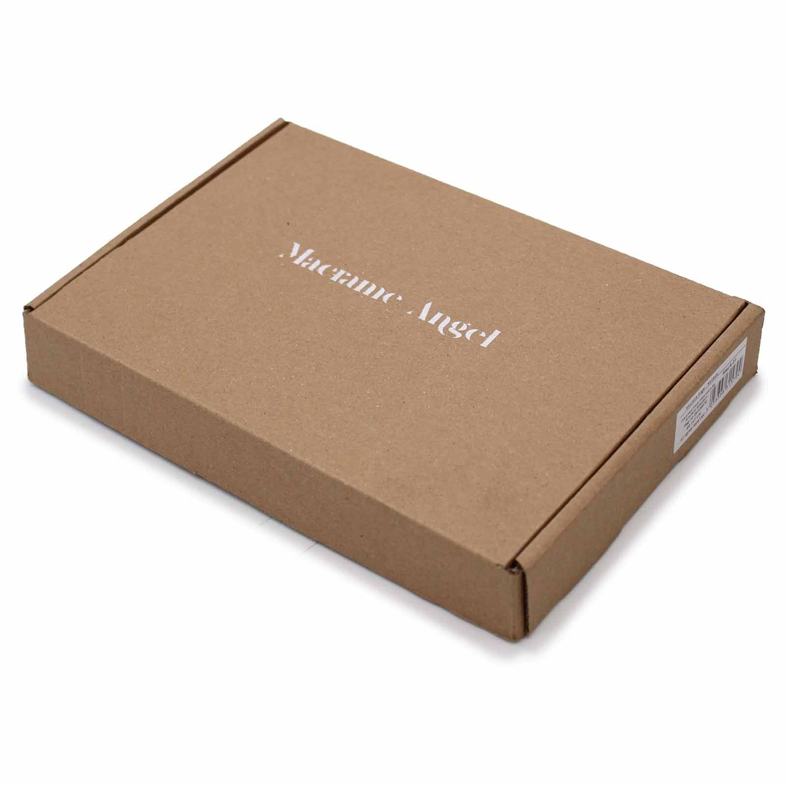 Brown cardboard box with 'Macrame Angel' branding on a white background
