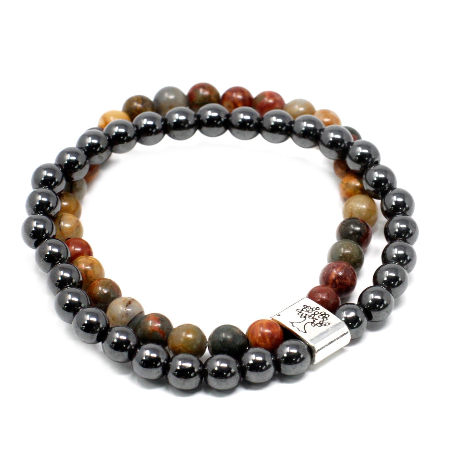 Beaded bracelet with gray and multicolored beads on a white background