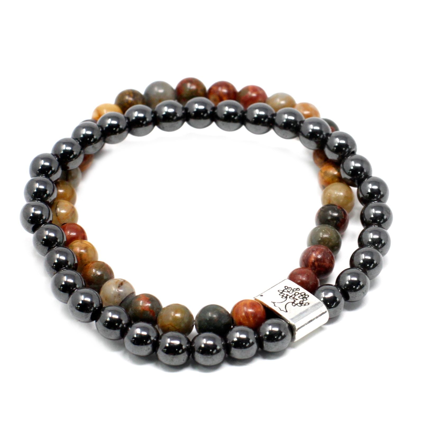 Beaded bracelet with gray and multicolored beads on a white background