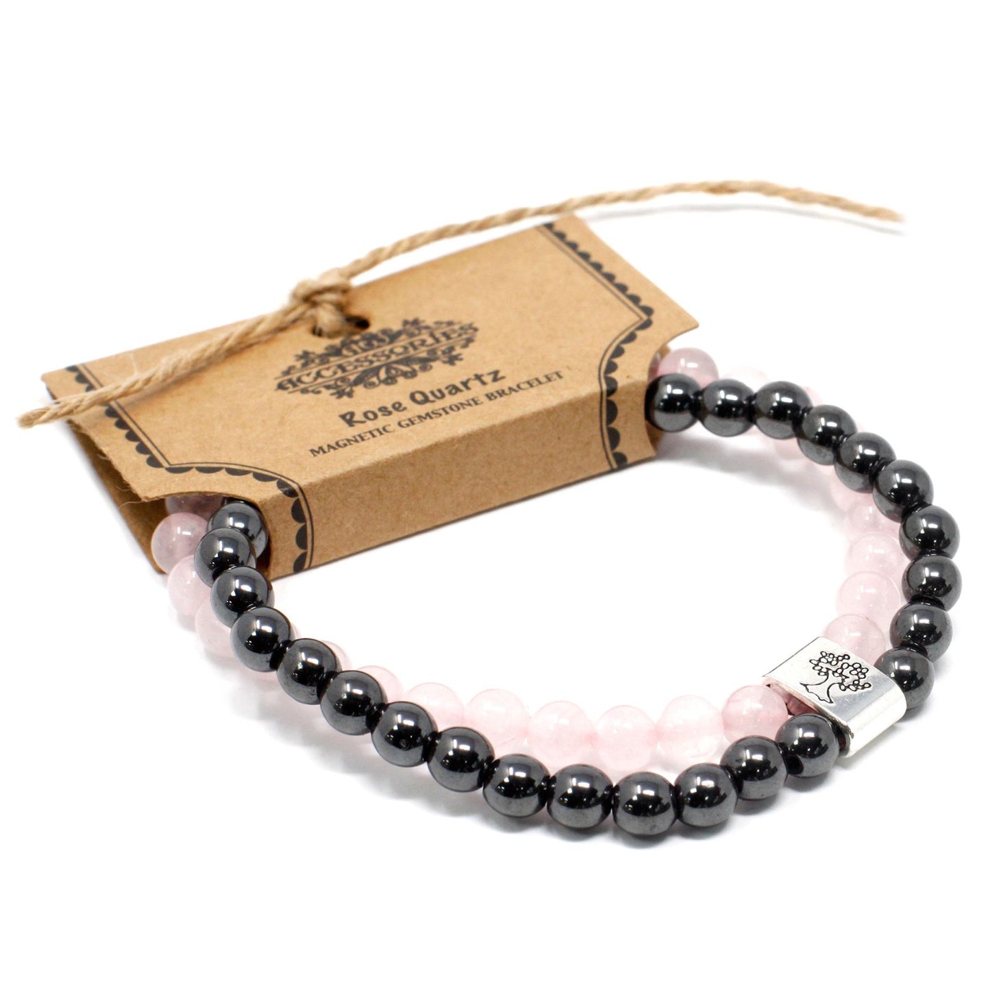 Black beaded bracelet with pink stones on a white background, accompanied by a branded card.