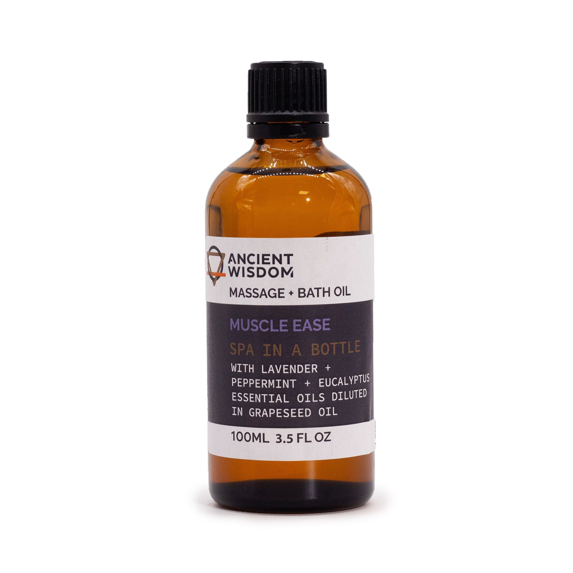 Bottle of Ancient Wisdom Muscle Ease massage and bath oil on a white background