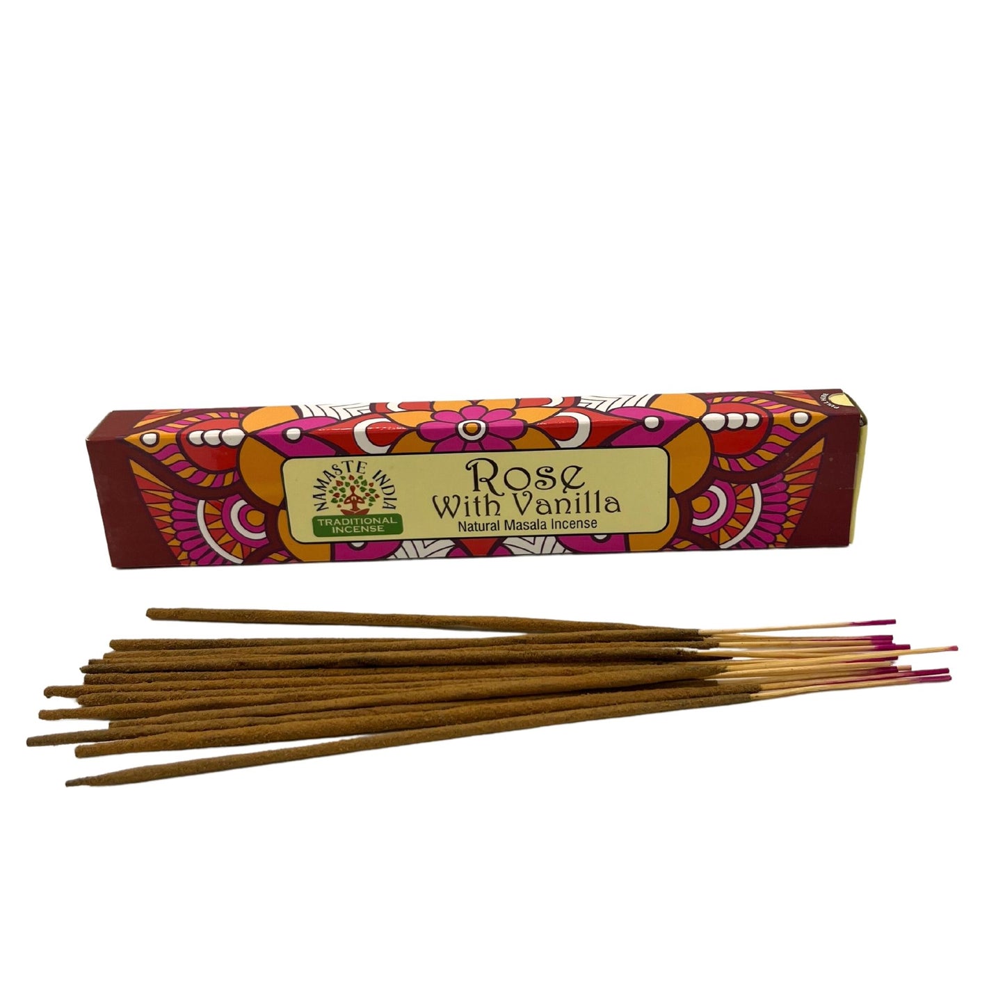 Incense sticks with a colorful box labeled 'Rose with Vanilla' on a white background