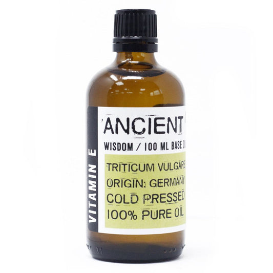 Bottle of Ancient Wisdom vitamin E oil on a white background
