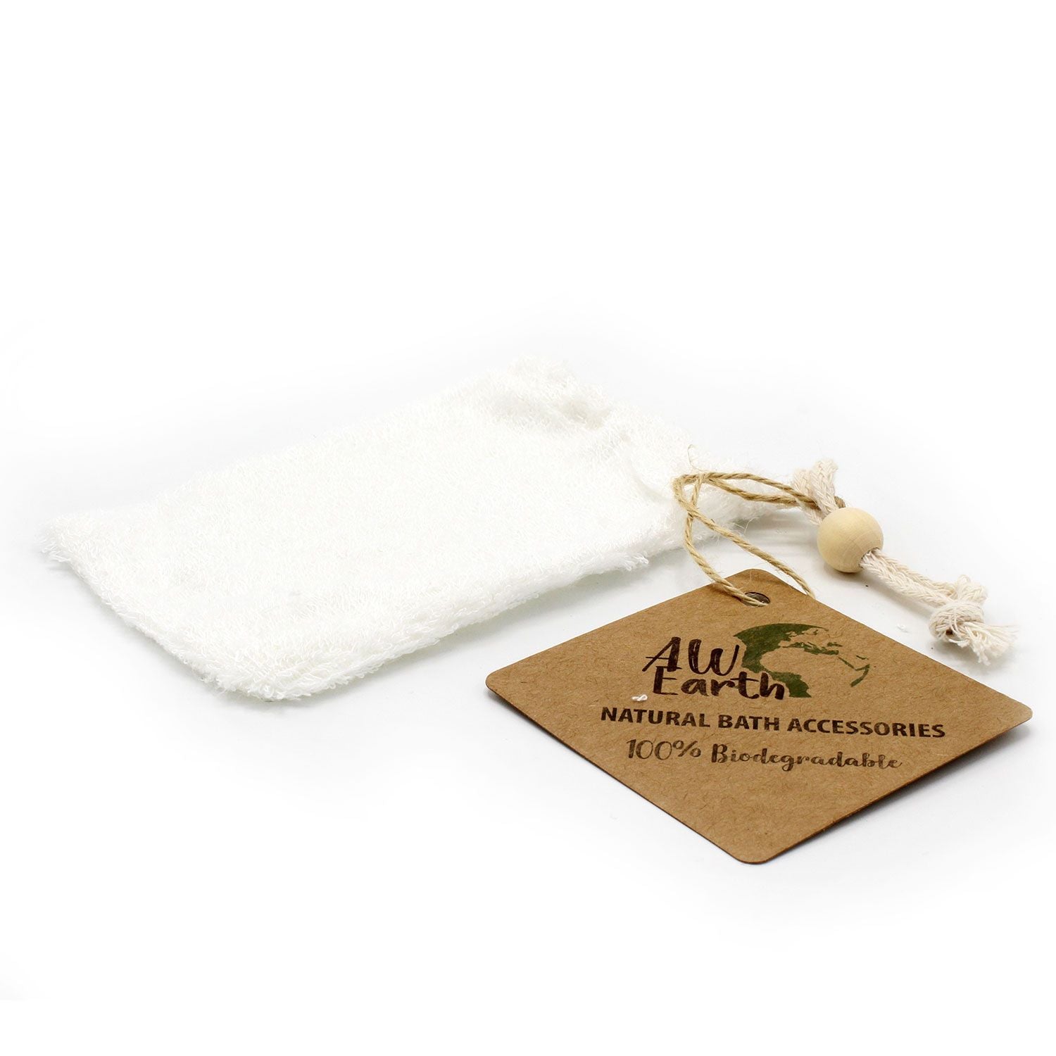 White drawstring bag with a 'All Earth' natural bath accessories tag on a white background