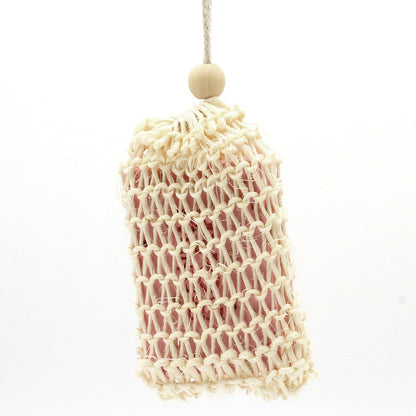 Beige mesh soap bag with wooden bead on a white background