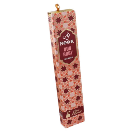 Noor Oud Ruby incense packaging with geometric pattern on a white background