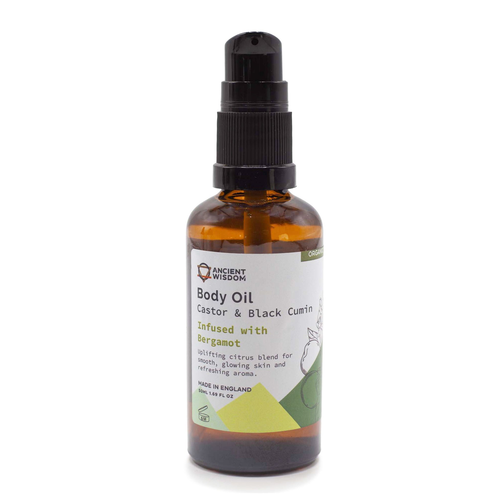 Bottle of body oil with a label on a white background