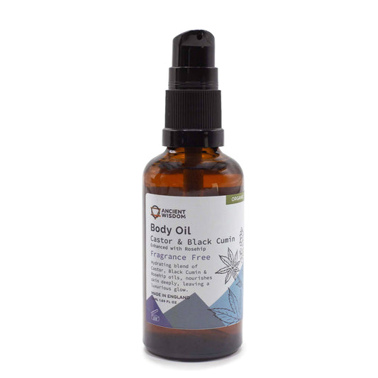 Bottle of body oil with a label on a white background