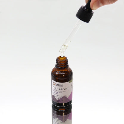Hair serum bottle with dropper on a white background
