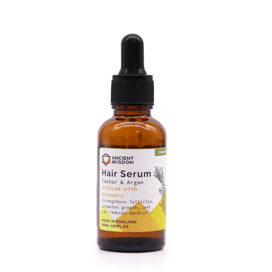 Hair serum bottle with dropper labeled 'Ancient Wisdom' on a white background
