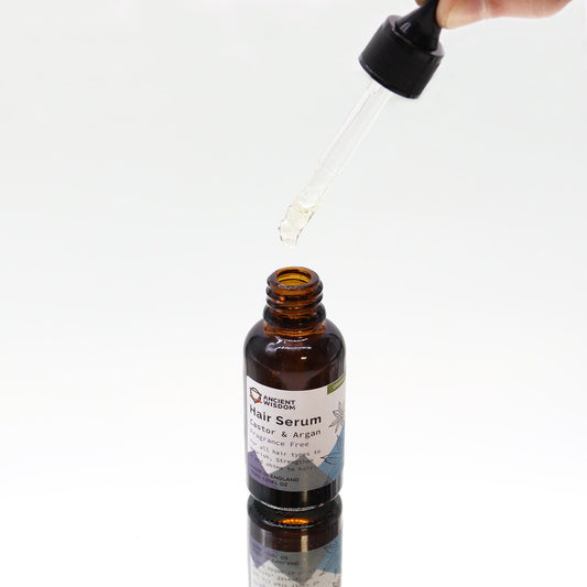 Hair serum bottle with dropper on a white background