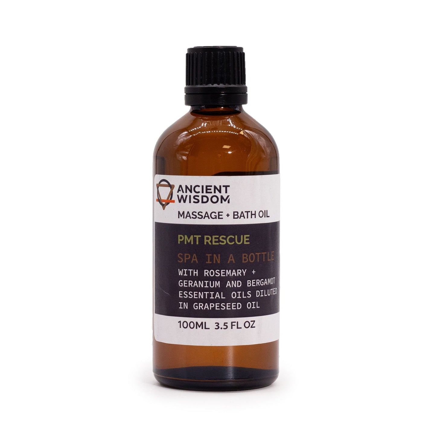 Bottle of Ancient Wisdom PMT Rescue massage and bath oil on a white background