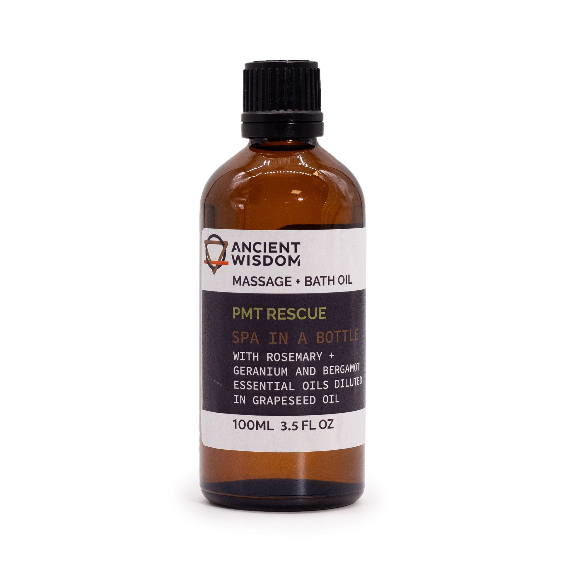 Bottle of Ancient Wisdom PMT Rescue massage and bath oil on a white background
