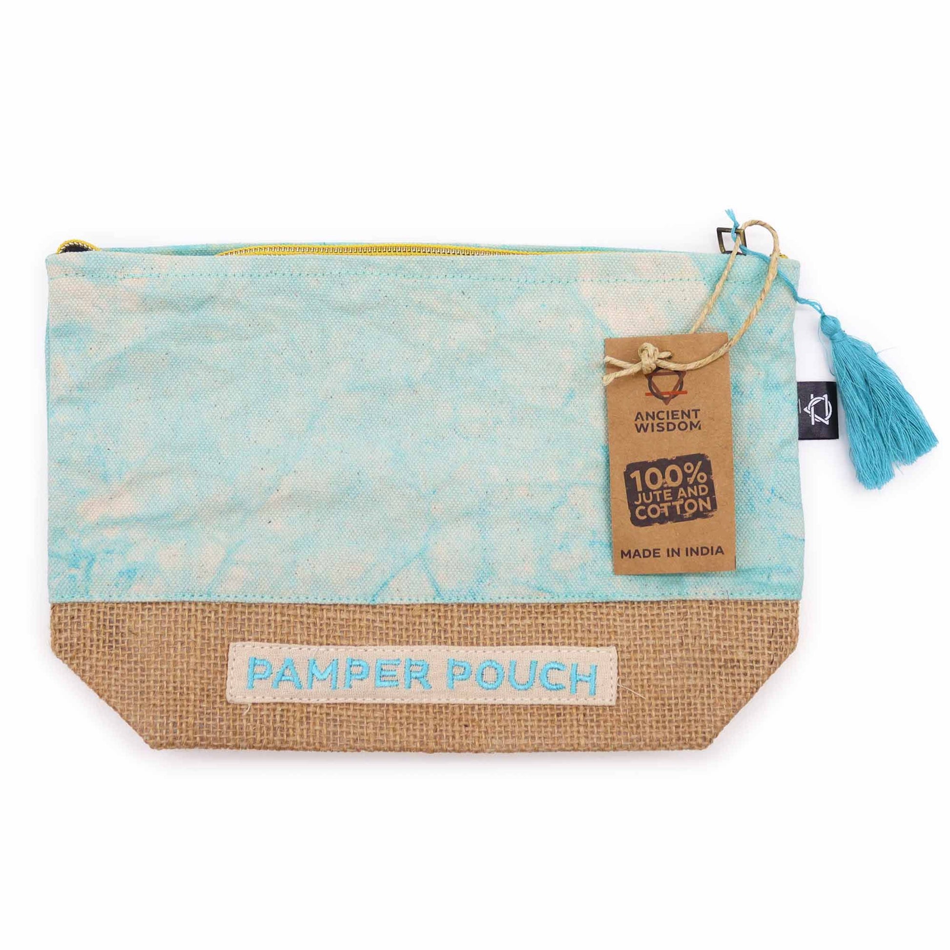 Pamper pouch with blue floral pattern and brown base, featuring a tag and tassel on a white background.