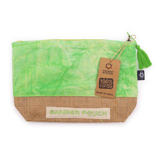 Green and brown pouch with a tag on a white background