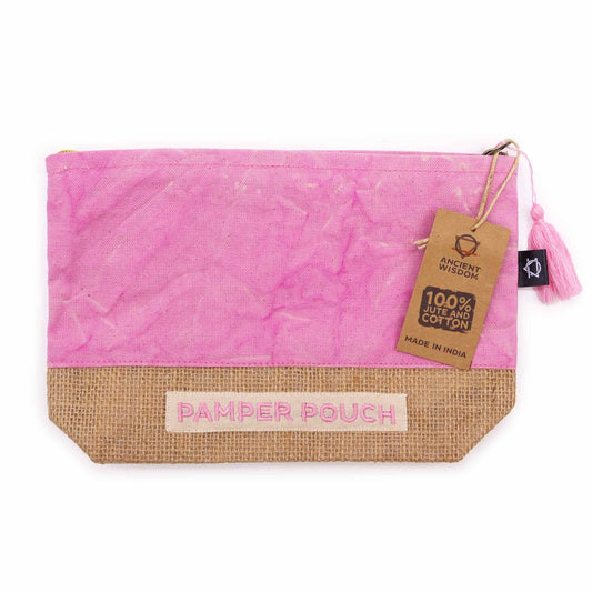 Pink and jute fabric pouch with 'Pamper Pouch' label and tag on a white background