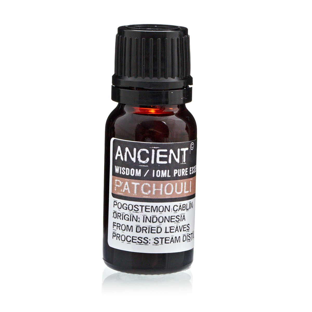 Bottle of Ancient Wisdom Patchouli essential oil on a white background