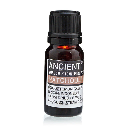Bottle of Ancient Wisdom Patchouli essential oil on a white background