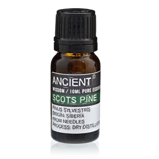Bottle of Scots Pine essential oil with label on a white background