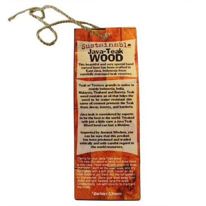Wooden tag with text about sustainable Java Teak Wood on a white background