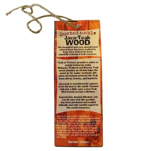 Wooden tag with text about sustainable Java Teak Wood on a white background