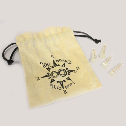 Beige drawstring pouch with black text and designs on a light gray background
