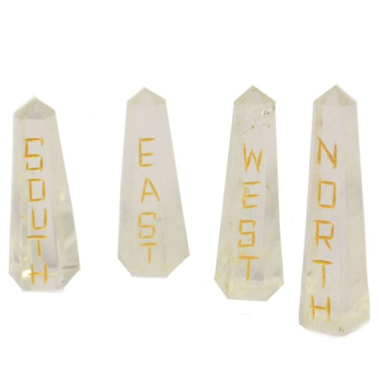 Four crystal obelisks labeled 'South', 'East', 'West', and 'North' on a white background.