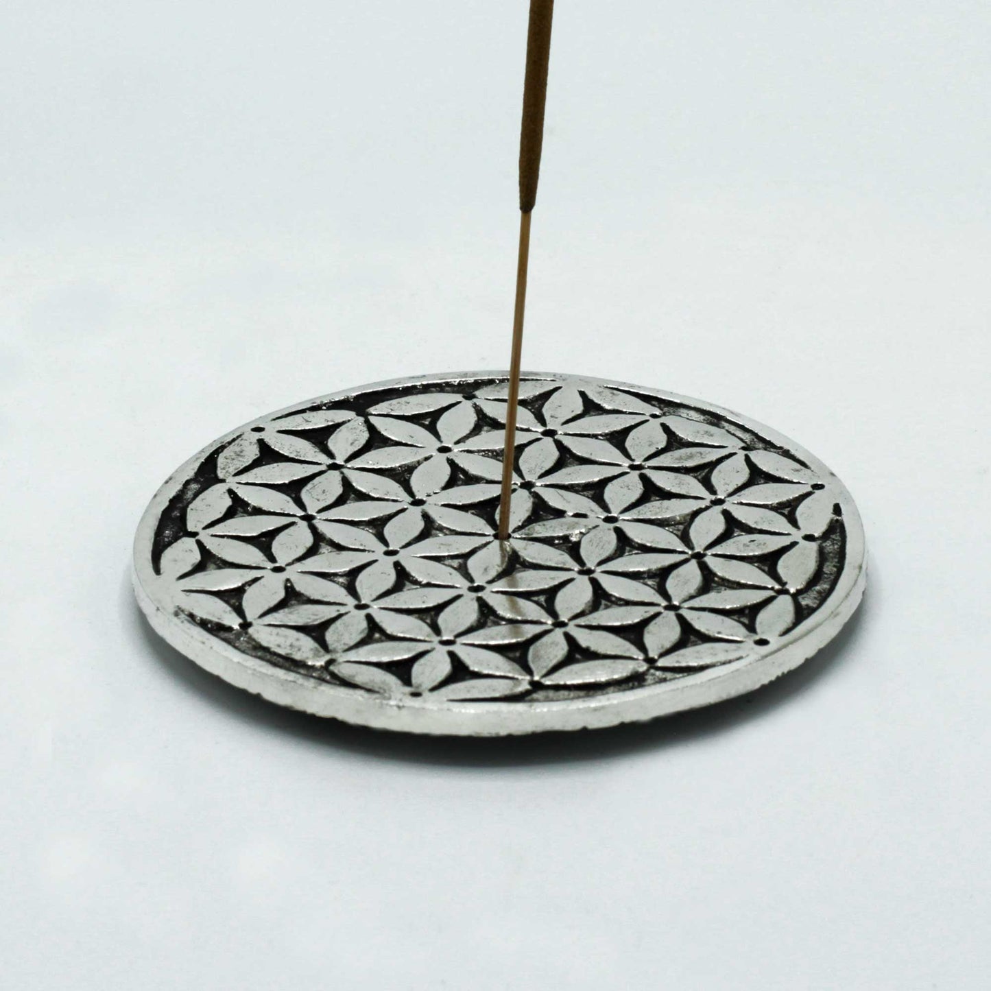 Polished Aluminium Flower of Life Incense stick Holder, meticulously crafted in India.