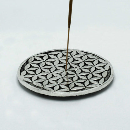 Polished Aluminium Flower of Life Incense stick Holder, meticulously crafted in India.