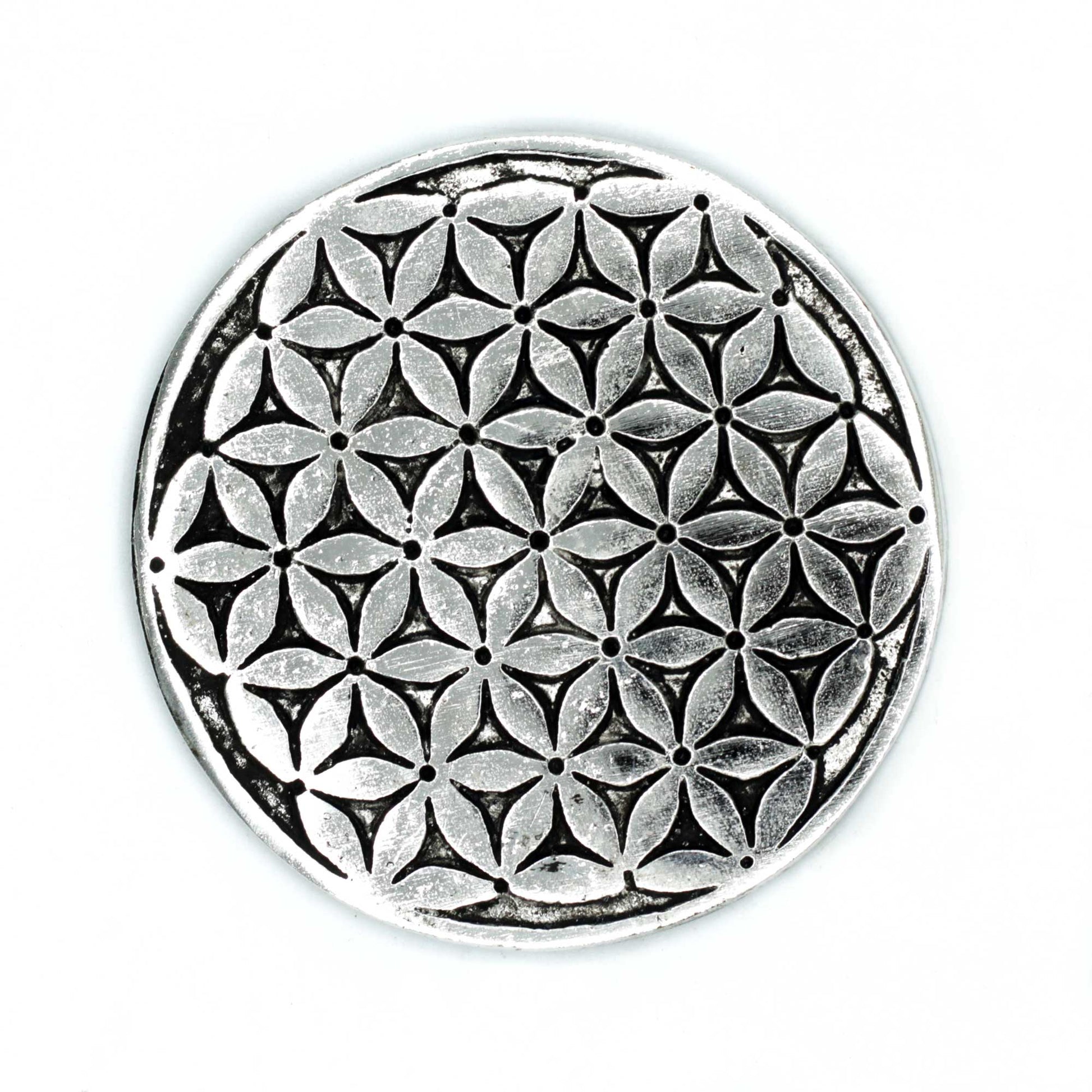 Polished Aluminium Flower of Life Incense Holder, meticulously crafted in India.