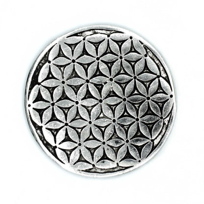 Polished Aluminium Flower of Life Incense Holder, meticulously crafted in India.