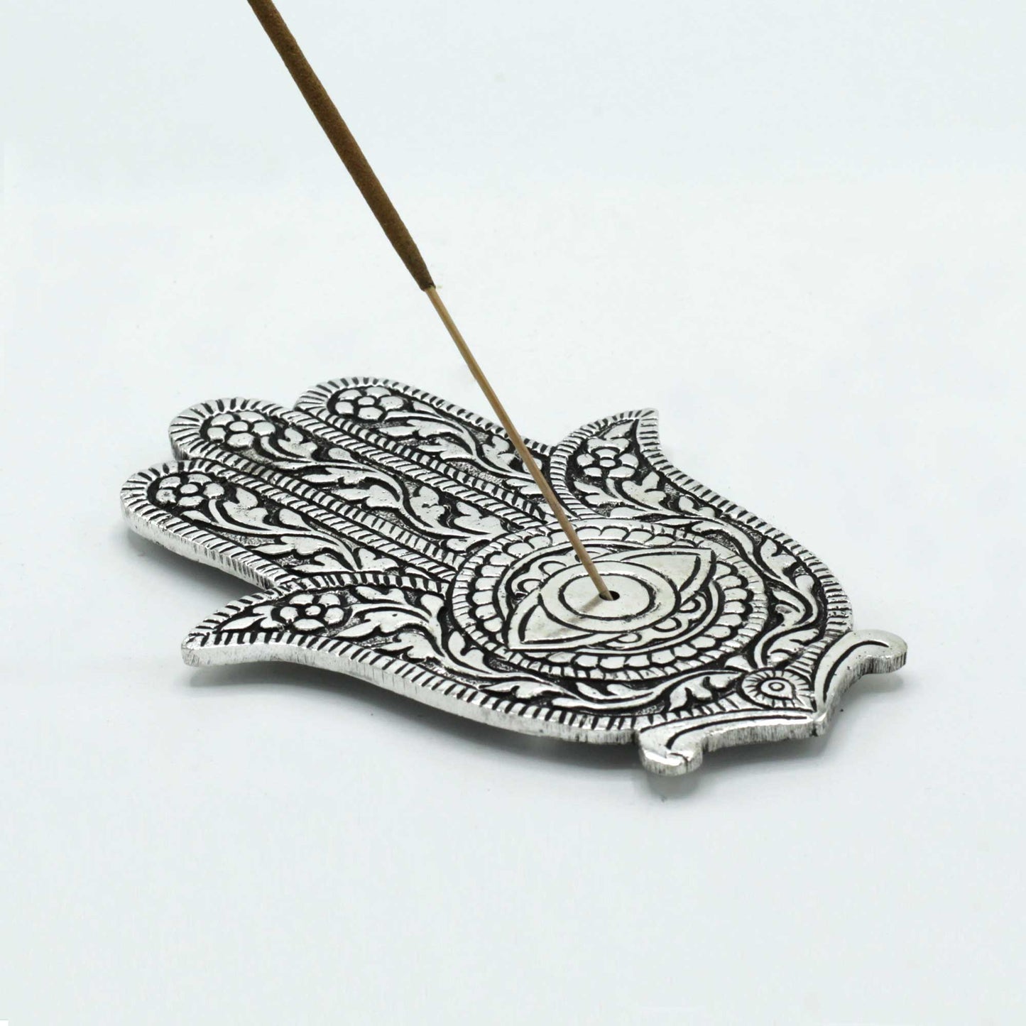 Polished Aluminium Hamsa Incense Holder, meticulously crafted in India. 