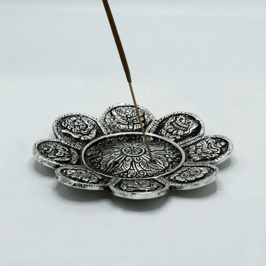 Polished Aluminium Tibetan Symbols Incense stick Holder, meticulously crafted in India. 