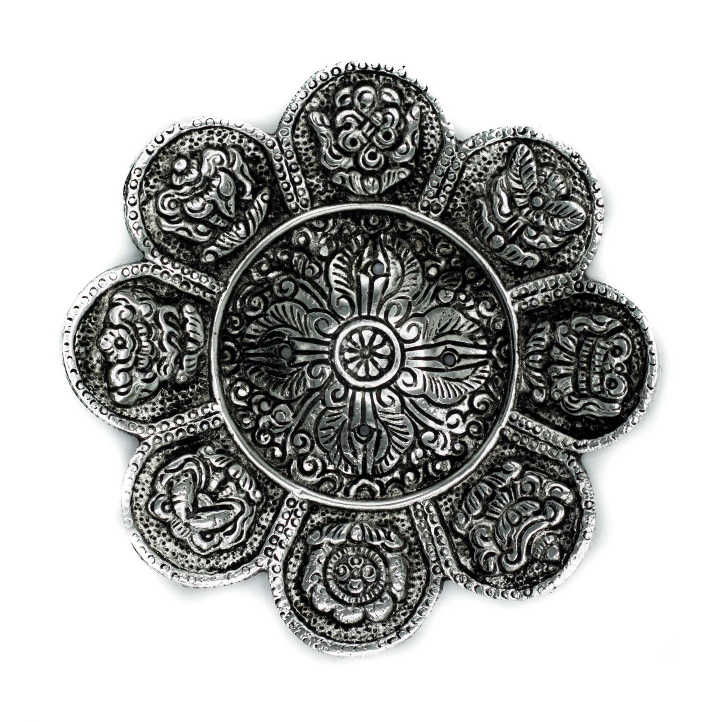 Polished Aluminium Tibetan Symbols Incense Holder, meticulously crafted in India. 