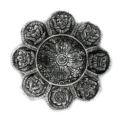 Polished Aluminium Tibetan Symbols Incense Holder, meticulously crafted in India. 