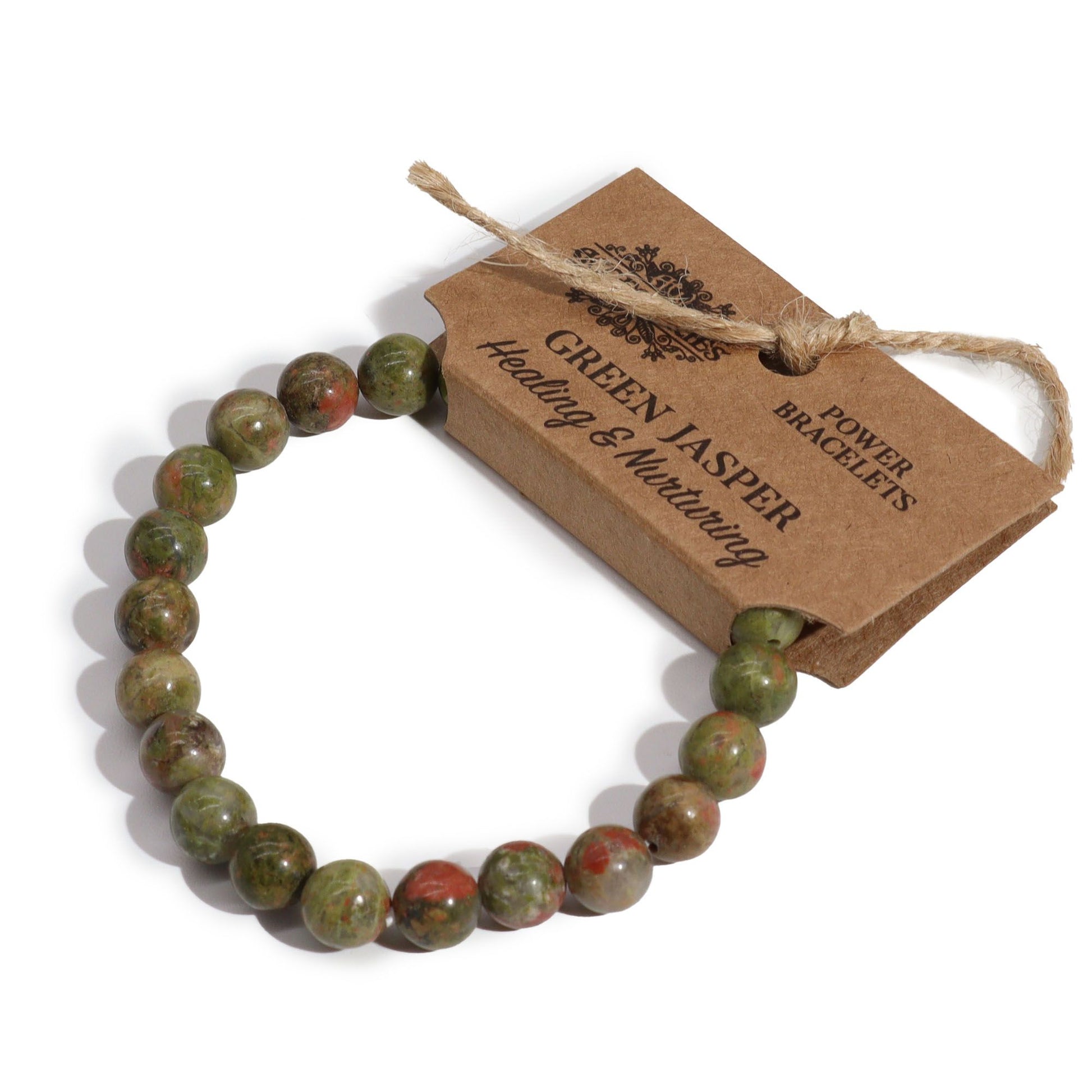 Green jasper power bracelet with a label on a white background