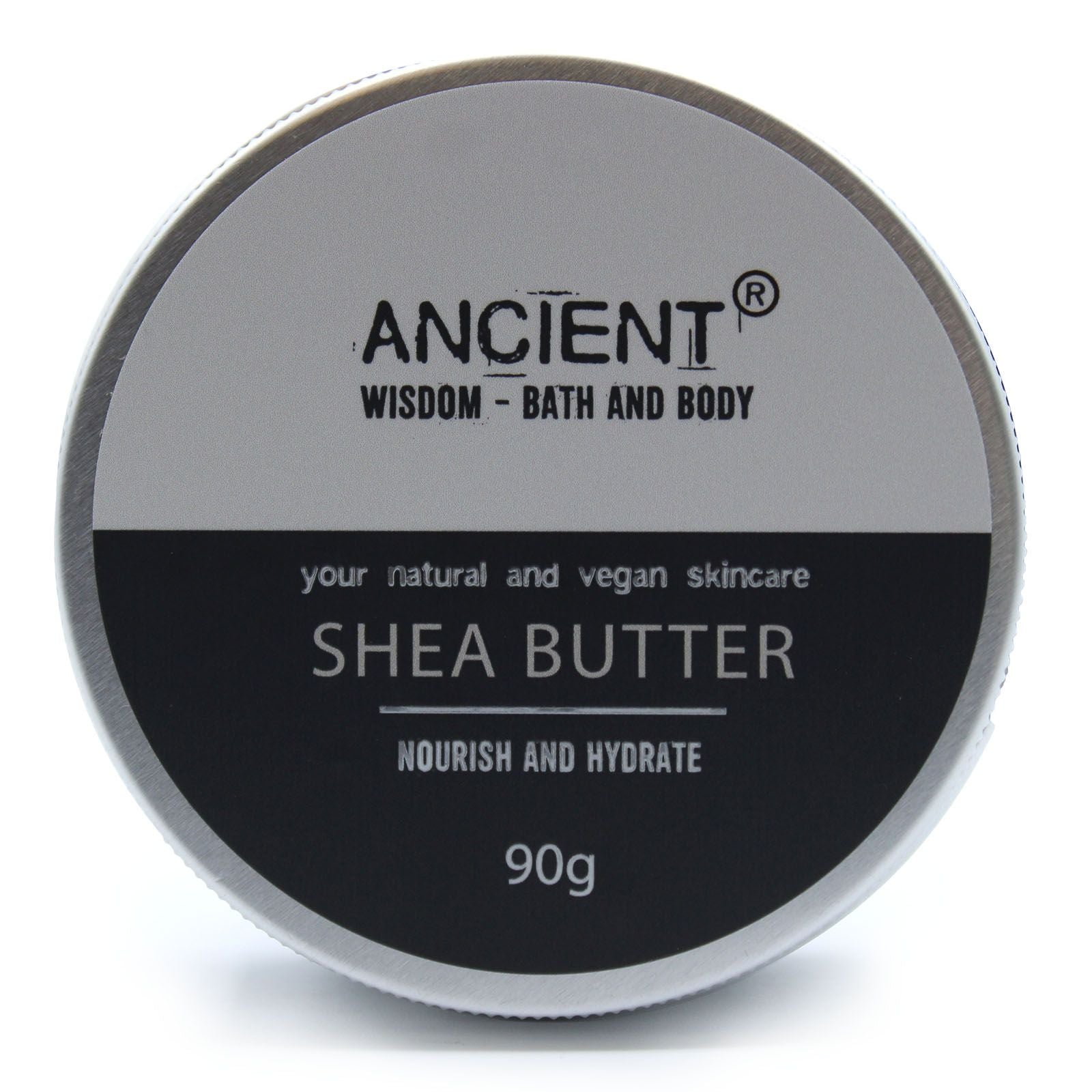 Shea butter container with 'Ancient Wisdom Bath and Body' branding on a white background